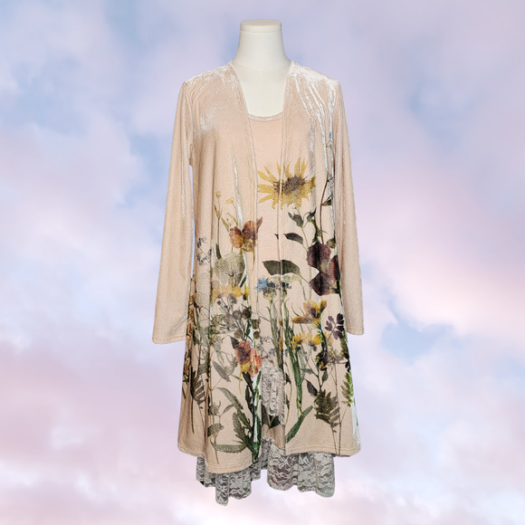 Vocal Dresses & Skirts - Vtg Vocal Two Piece Cardigan Dress Velvet Floral Flower Lace Layer Cottage Set